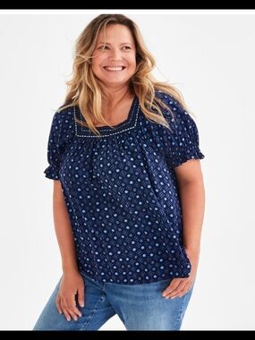 Blue Printed Short-Sleeve Peasant Top Macys 2X NWT
